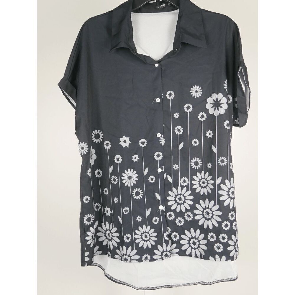 Women's Black Floral Print Short Sleeve Button Down Shirt 1XL - Picture 2 of 6